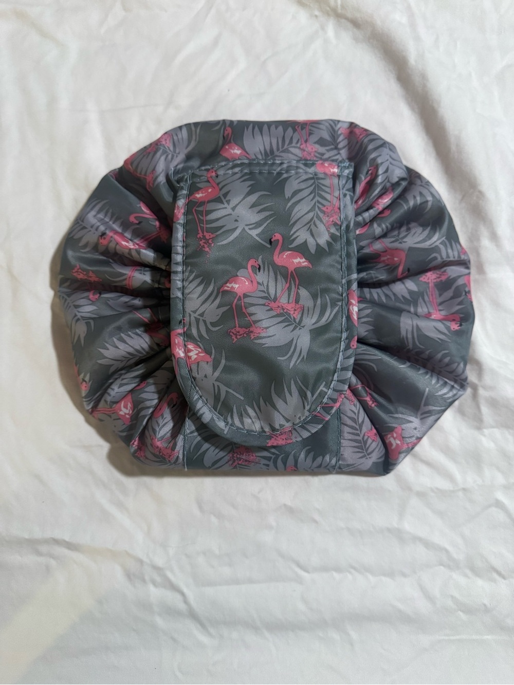 Flamingo Print Magic Drawstring Makeup Bag Grey Pink Flat Lay Cosmetic Pouch